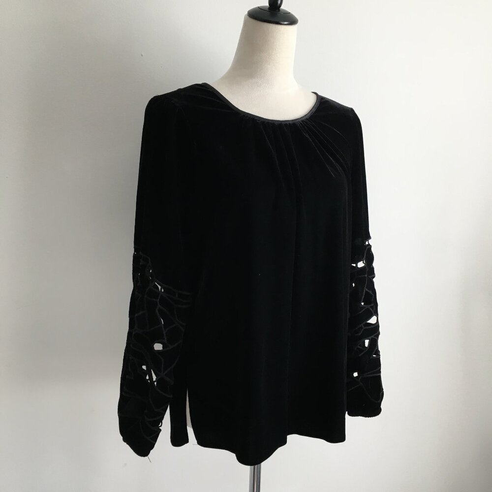 JOIE Black Velvet/Velour Perforated Cut Out Long Sleeve Slit Hem Shirt